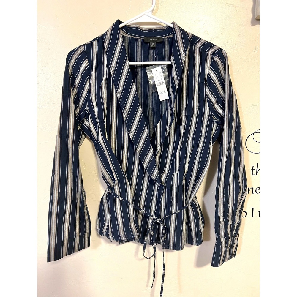 J.Crew Women Navy Blue White Striped Wrap Top Shawl Collar Long Sleeve XS BG322